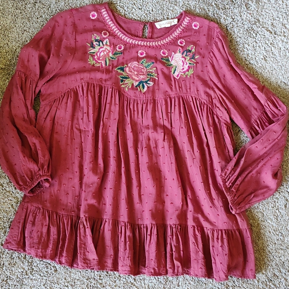Solitaire Pink Embroidered Floral Blouse with Flowy Silhouette Small